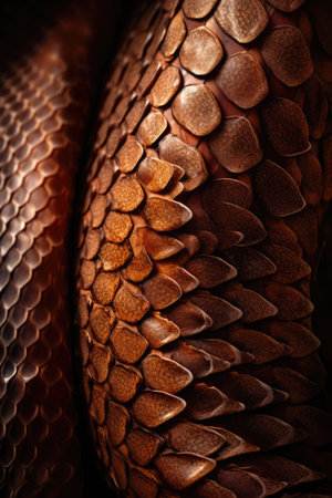 Close up of brown shiny coils of snakeskin. Nature, leather, skin, texture and design concept digitally generated image.の素材