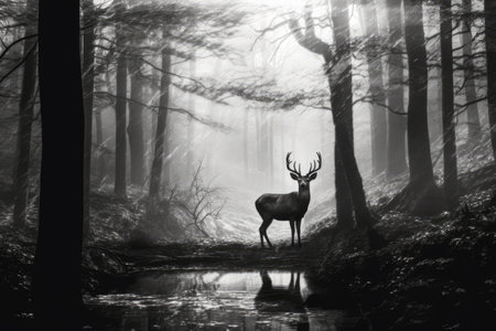 Black and white portrait of deer in misty forest, copy space, created using generative ai technology. Nature, wildlife, mystery and tranquility concept digitally generated image.の素材