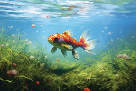 Koi carp and lilies in pond, created using generative ai technology. Nature, wildlife, tranquillity and japanese culture concept digitally generated image.の素材