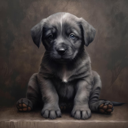 Portrait of cute grey puppy with blue eyes sitting, created using generative ai technology. Dogs, domestic animals and pets concept digitally generated image.の素材