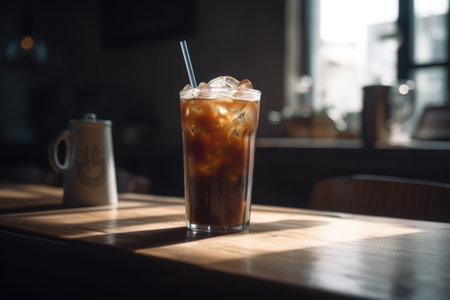 Glass of iced black coffee on wooden counter in sun, created using generative ai technology. Coffee, summer, cafe, drinks and refreshments concept digitally generated image.の素材