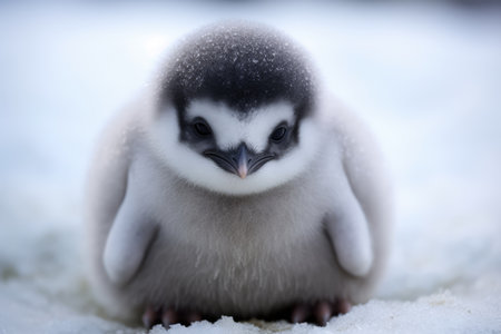 Portrait of white and grey baby penguin staying on snow, created using generative ai technology. Nature, chick, cold and winter concept digitally generated image.の素材