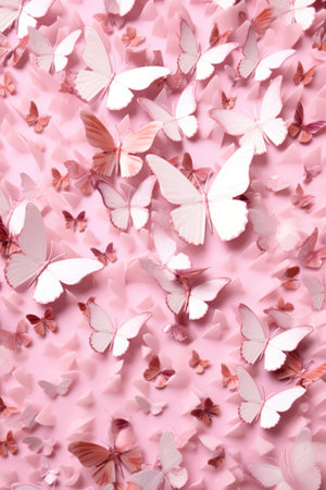 Full frame of pink butterflies on pink background, created using generative ai technology. Beauty in nature, delicacy and femininity wallpaper background concept digitally generated image.の素材
