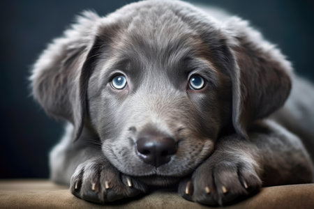 Portrait of cute grey puppy with blue eyes lying on sitting, created using generative ai technology. Dogs, domestic animals and pets concept digitally generated image.の素材