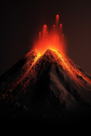 Active volcano erupting with lava at night, created using generative ai technology. Power in nature, danger and natural disaster concept digitally generated image.の素材