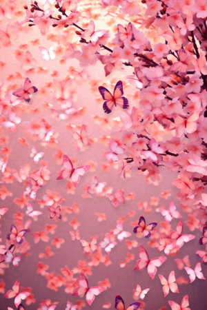Pink butterflies and flowers on pink background, created using generative ai technology. Beauty in nature, delicacy and femininity wallpaper background concept digitally generated image.の素材