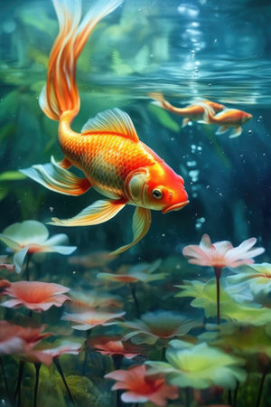 Koi carp and lilies in pond, created using generative ai technology. Nature, wildlife, tranquillity and japanese culture concept digitally generated image.の素材