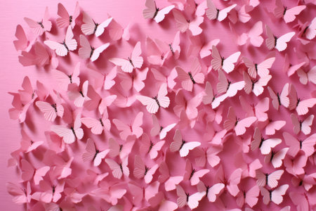 Pink butterflies on pink background, created using generative ai technology. Beauty in nature, delicacy and femininity wallpaper background concept digitally generated image.の素材