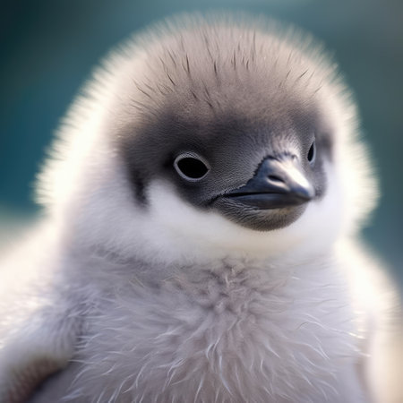 Portrait of white and grey baby penguin on blue background, created using generative ai technology. Nature, chick, cold and winter concept digitally generated image.の素材