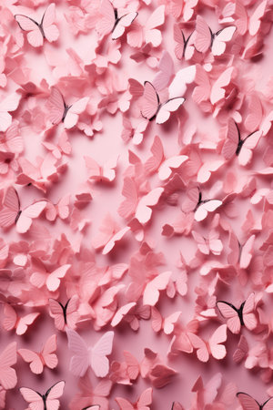 Full frame of pink butterflies on pink background, created using generative ai technology. Beauty in nature, delicacy and femininity wallpaper background concept digitally generated image.の素材