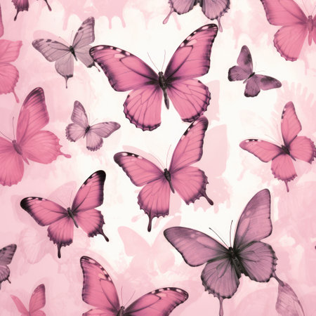 Full frame of pink butterflies on pink background, created using generative ai technology. Beauty in nature, delicacy and femininity wallpaper background concept digitally generated image.の素材