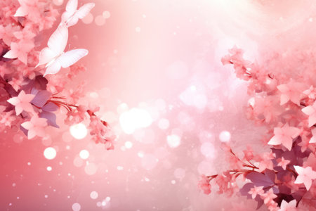 Pink butterflies and flowers on pink background, created using generative ai technology. Beauty in nature, delicacy and femininity wallpaper background concept digitally generated image.の素材