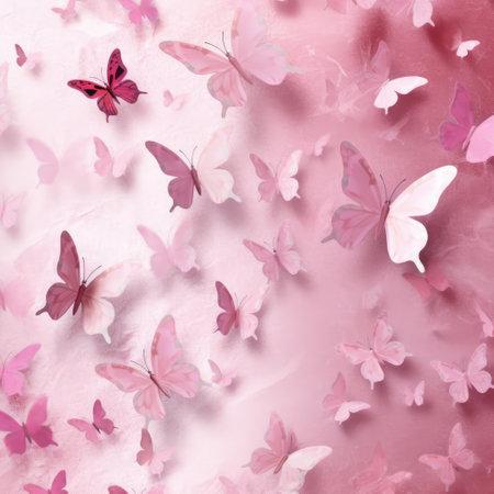 Full frame of pink butterflies on pink background, created using generative ai technology. Beauty in nature, delicacy and femininity wallpaper background concept digitally generated image.の素材