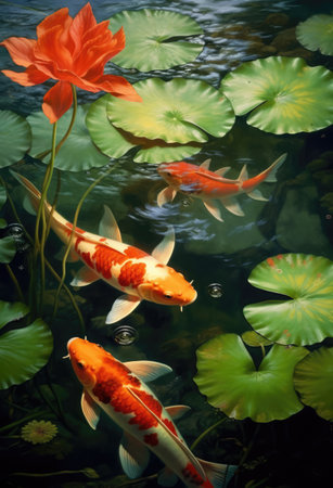 Koi carp and lilies in pond, created using generative ai technology. Nature, wildlife, tranquillity and japanese culture concept digitally generated image.の素材