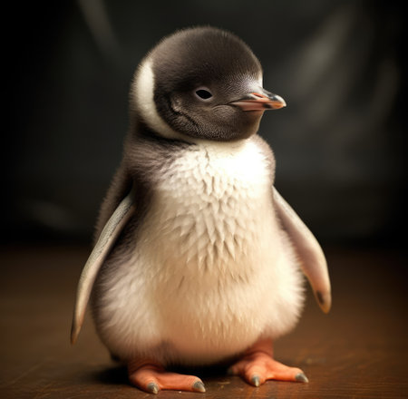 Portrait of white and grey baby penguin staying on wood, created using generative ai technology. Nature, chick, cold and winter concept digitally generated image.の素材