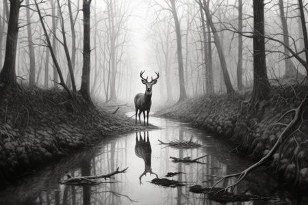 Black and white portrait of deer in misty forest, copy space, created using generative ai technology. Nature, wildlife, mystery and tranquility concept digitally generated image.の素材