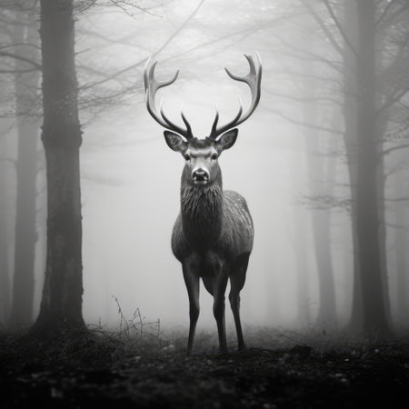 Black and white portrait of deer in misty forest, created using generative ai technology. Nature, wildlife, mystery and tranquility concept digitally generated image.の素材