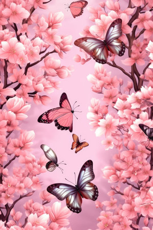 Pink butterflies and flowers on pink background, created using generative ai technology. Beauty in nature, delicacy and femininity wallpaper background concept digitally generated image.の素材