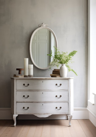 Vintage style white chest of drawers in sunlit classic room, created using generative ai technology. Bedroom furniture, design and interior decoration concept digitally generated image.の素材