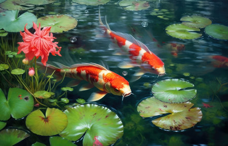 Koi carp and lilies in pond, created using generative ai technology. Nature, wildlife, tranquillity and japanese culture concept digitally generated image.の素材