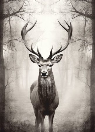 Black and white portrait of deer in misty forest, created using generative ai technology. Nature, wildlife, mystery and tranquility concept digitally generated image.の素材