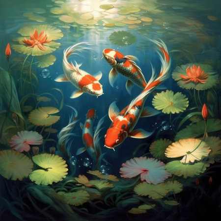 Koi carp and lilies in pond, created using generative ai technology. Nature, wildlife, tranquillity and japanese culture concept digitally generated image.の素材
