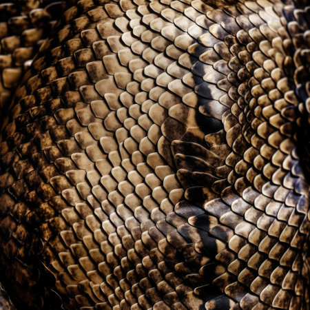 Close up of brown and cream patterned shiny scales in folds of snakeskin. Nature, leather, skin, texture and design concept digitally generated image.の素材