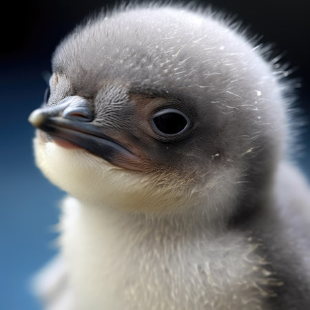 Portrait of white and grey baby penguin on dark background, created using generative ai technology. Nature, chick, cold and winter concept digitally generated image.の素材