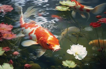 Koi carp and lilies in pond, created using generative ai technology. Nature, wildlife, tranquillity and japanese culture concept digitally generated image.の素材