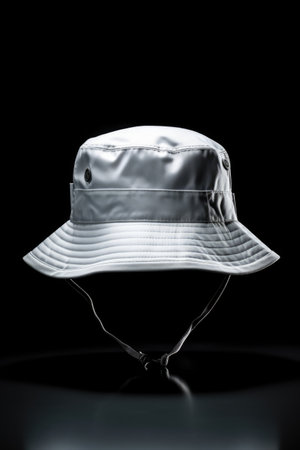White bucket hat on black background, created using generative ai technology. Fashion, hats and headwear concept digitally generated image.の素材