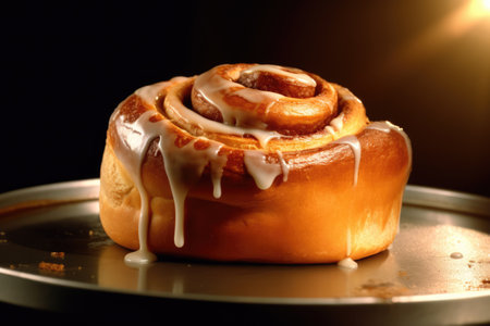 Cinnemon roll with icing on silver plate, created using generative ai technology. Sweet food, treat and bakery confection concept digitally generated image.の素材