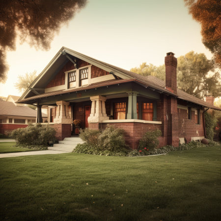 Brick bungalow with lawn in estate, created using generative ai technology. Home, architecture and property concept digitally generated image.の素材