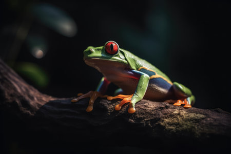 Close up of red eyed tree frog perched on branch, created using generative ai technology. Animal, amphibians, wildlife and nature concept digitally generated image.の素材