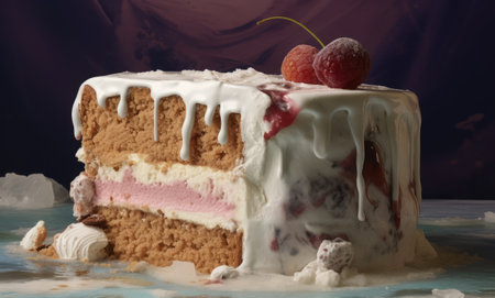 Sliced ice cream cake with icing and raspberries on top, created using generative ai technology. Cake, celebration, treat, sweet food and deserts concept digitally generated image.の素材