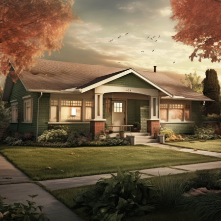 Green bungalow with lawn in estate, created using generative ai technology. Home, architecture and property concept digitally generated image.の素材