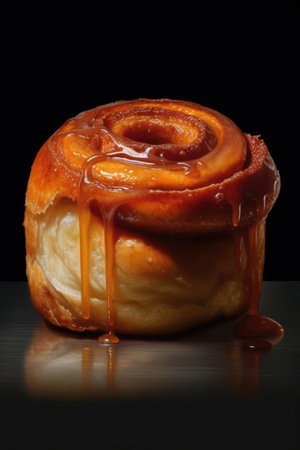 Cinnemon roll with icing on black background, created using generative ai technology. Sweet food, treat and bakery confection concept digitally generated image.の素材