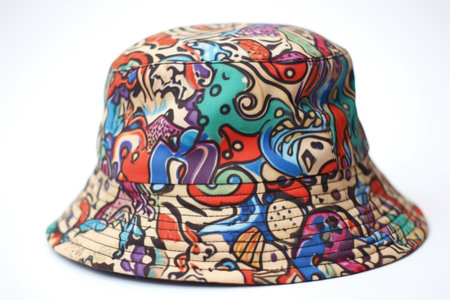 Bucket hat with colourful pattern on white background, created using generative ai technology. Fashion, hats and headwear concept digitally generated image.の素材