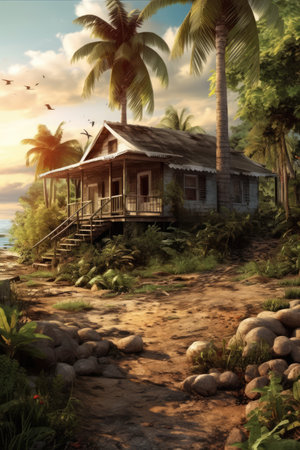 Wooden bungalow with front stairs under palms at seaside, created using generative ai technology. Home, architecture and property concept digitally generated image.の素材