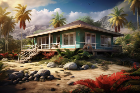 Green bungalow under palms in sunny nature and mountains, created using generative ai technology. Home, architecture and property concept digitally generated image.の素材