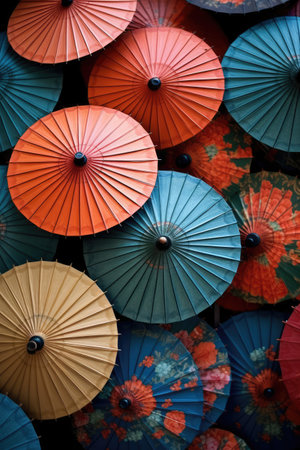 Colourful chinese umbrellas with floral patterns, created using generative ai technology. Protection, weather, decoration and chinese culture concept digitally generated image.の素材