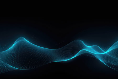 Abstract blue wavy lines on black background, created using generative ai technology. Abstract, colour and shape concept digitally generated image.の素材