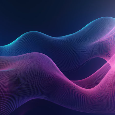 Abstract pink and blue wavy lines on black background, created using generative ai technology. Abstract, colour and shape concept digitally generated image.の素材