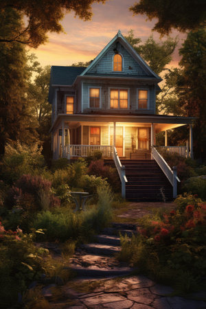 Wooden bungalow with front stairs in nature in evening, created using generative ai technology. Home, architecture and property concept digitally generated image.の素材