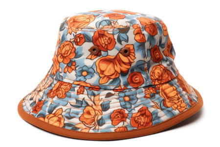 Bucket hat with blue and orange flowers on white background, created using generative ai technology. Fashion, hats and headwear concept digitally generated image.の素材