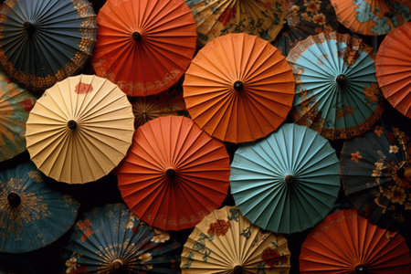 Colourful chinese umbrellas with patterns, created using generative ai technology. Protection, weather, decoration and chinese culture concept digitally generated image.の素材