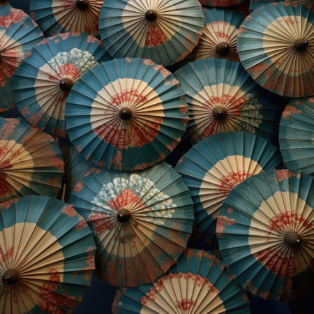 Blue and white chinese umbrellas with red patterns, created using generative ai technology. Protection, weather, decoration and chinese culture concept digitally generated image.の素材