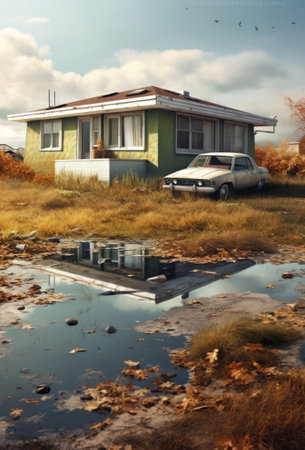 Green bungalow and white car in sunset, created using generative ai technology. Home, architecture and property concept digitally generated image.の素材