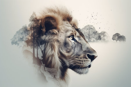 Double exposure with lion and trees, created using generative ai technology. Double exposure, animal, wildlife and nature concept digitally generated image.の素材