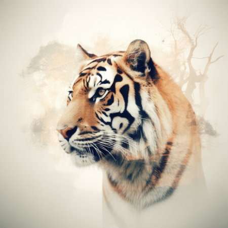 Double exposure with tiger and trees, created using generative ai technology. Double exposure, animal, wildlife and nature concept digitally generated image.の素材