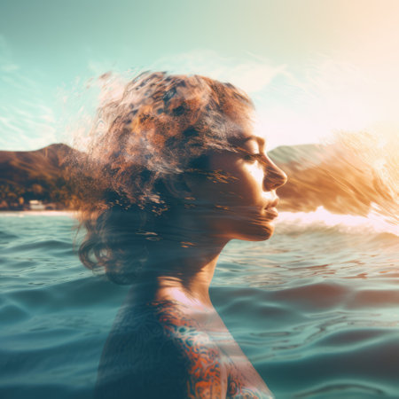 Double exposure with woman's profile and landscape, created using generative ai technology. Double exposure, femininity and nature concept digitally generated image.の素材